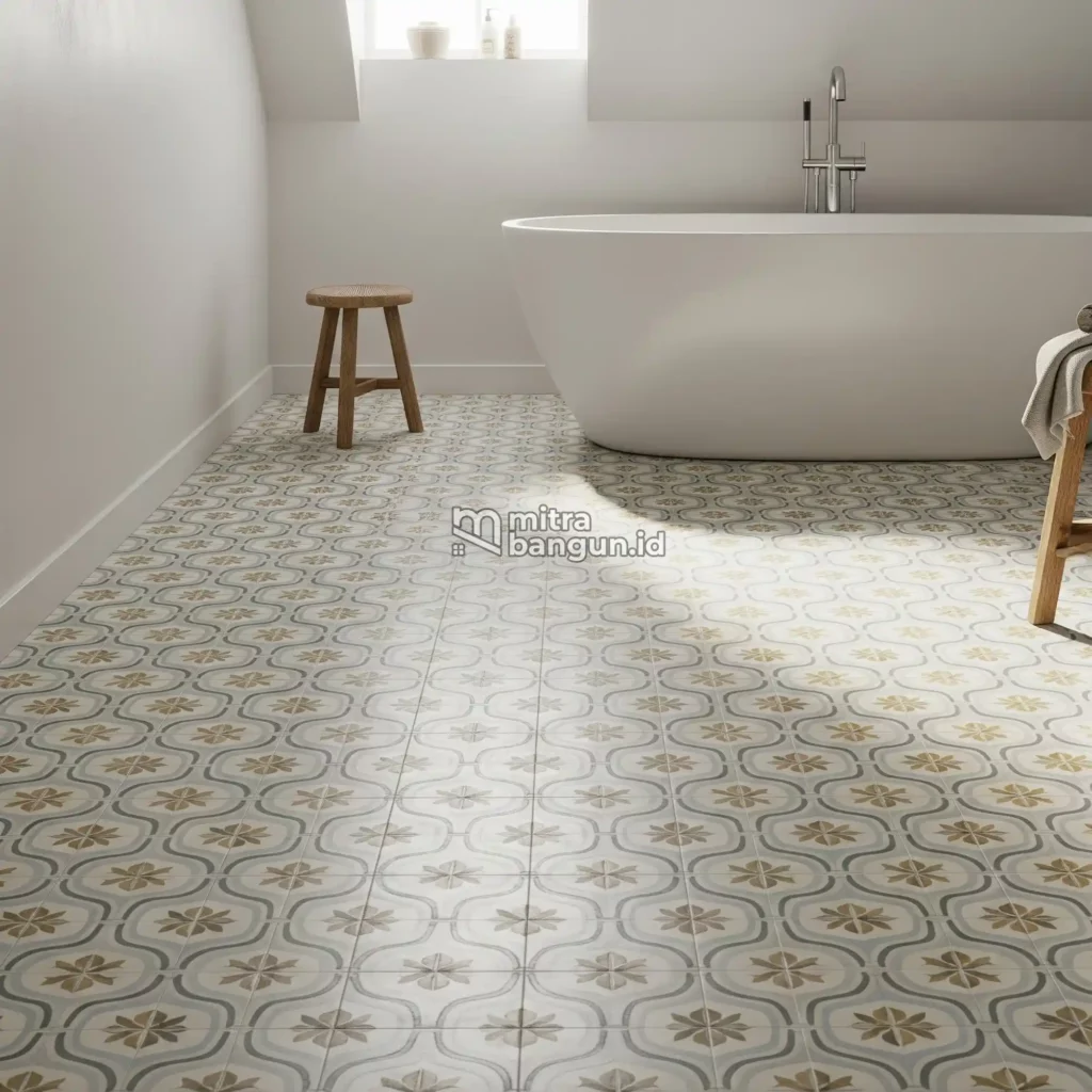 kaman mandi minimalis dengan keramik motif seni