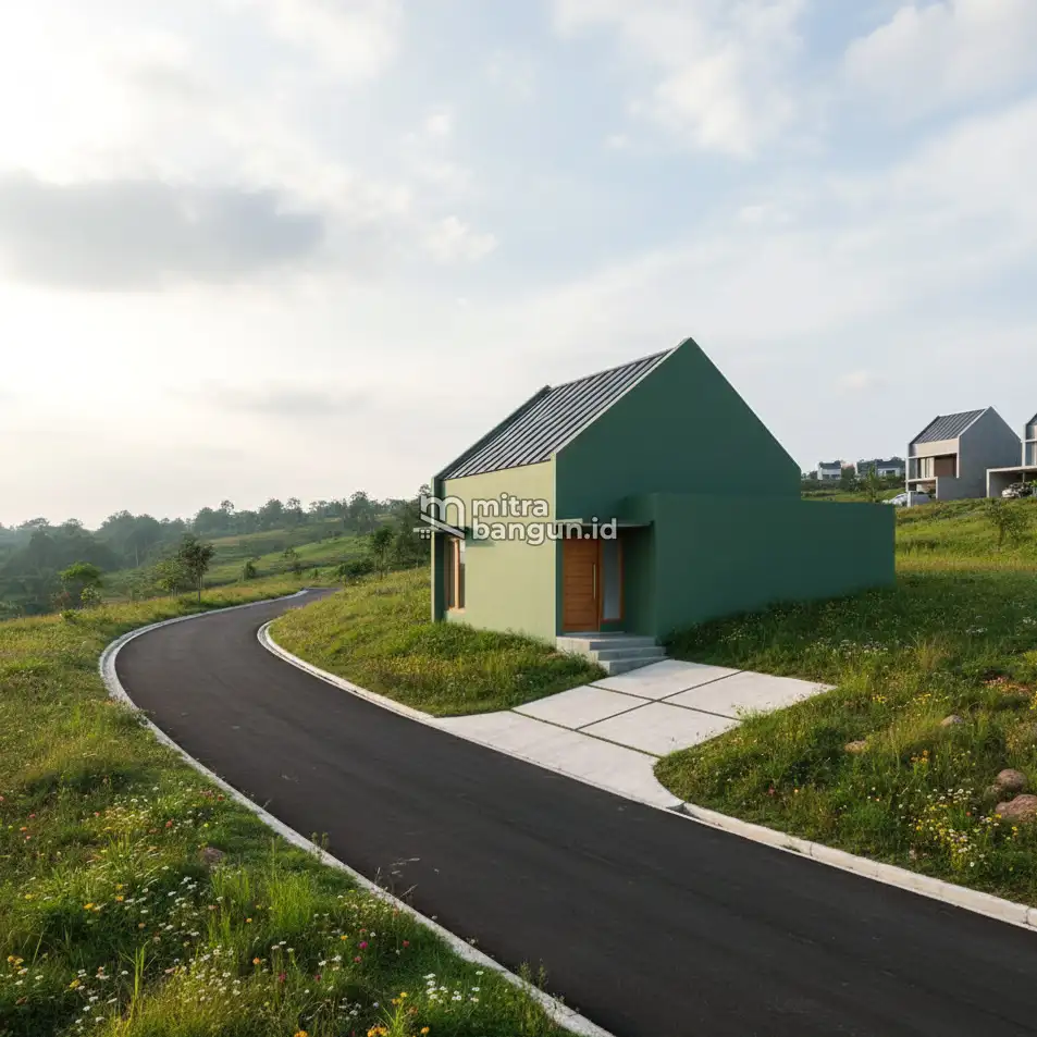 rumah minimalis warna hijau di tanah menurun