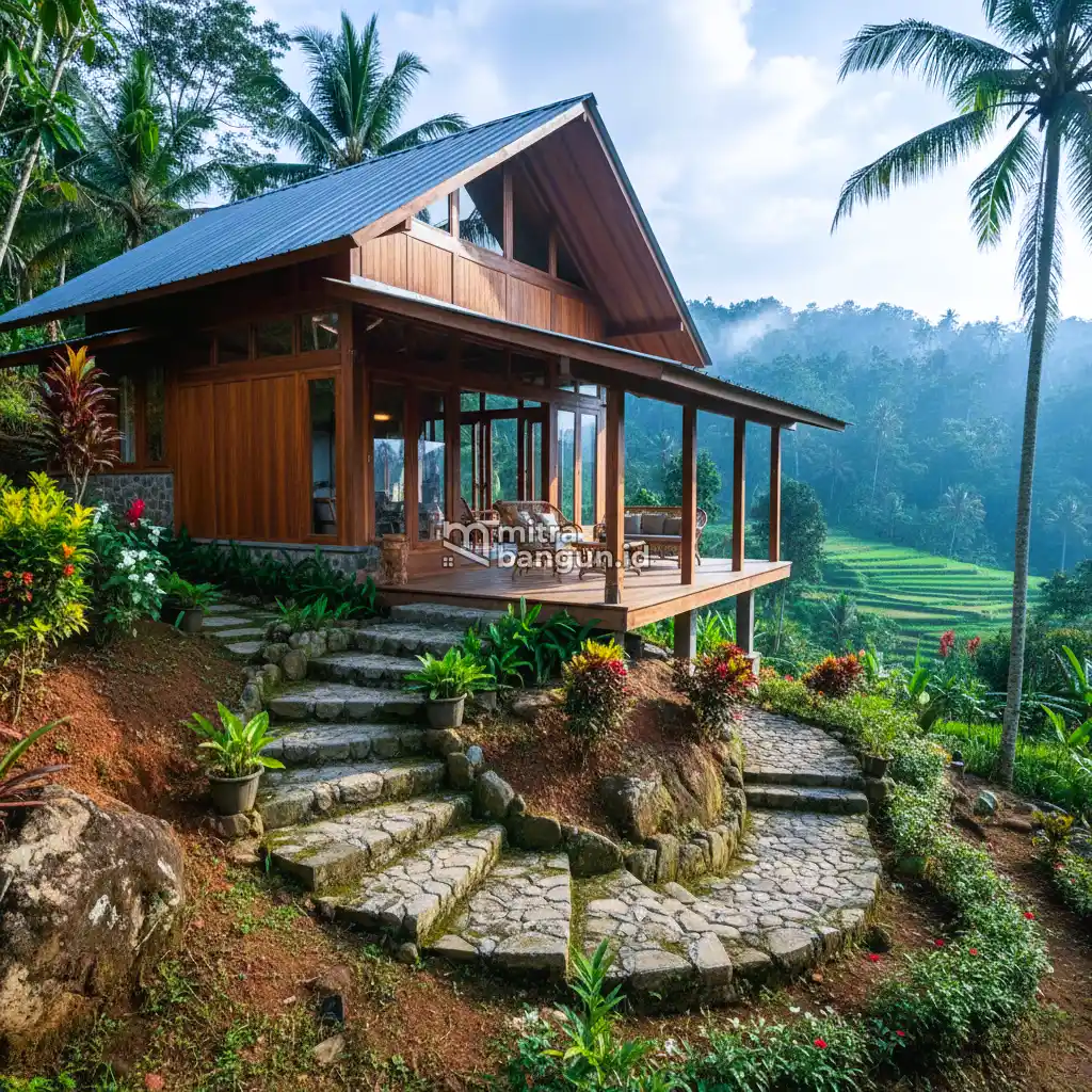 Rumah kayu sederhana yang indah di bukit