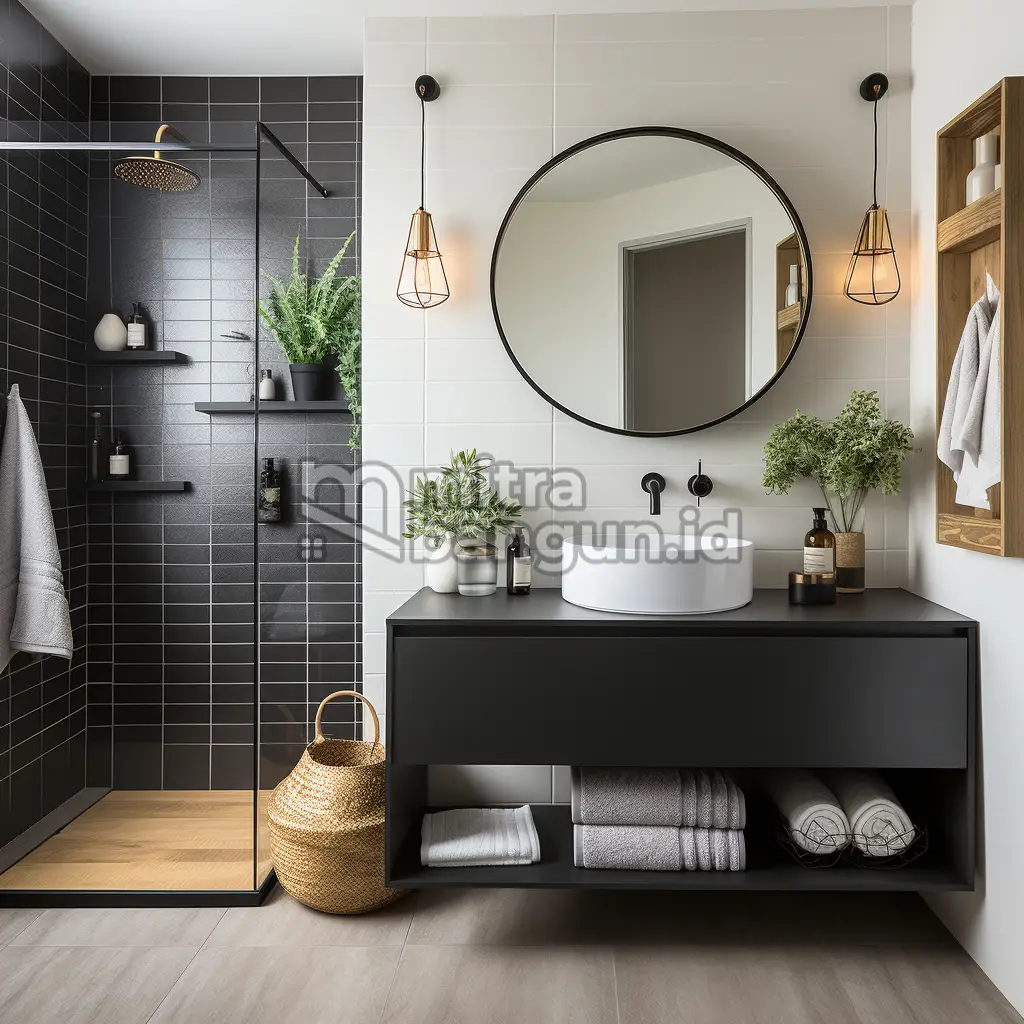 Model kamar mandi sederhana tapi mewah dengan warna hitam dan putih