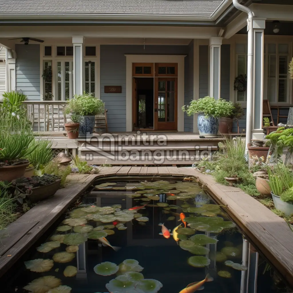 teras rumah cantik dan mewah dengan kolam ikan