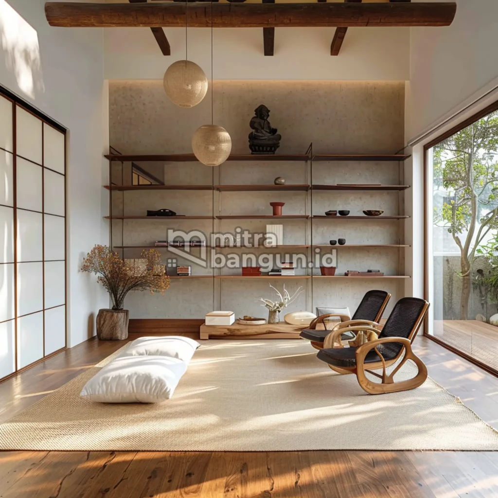 contoh desain ruang tamu ala Jepang pakai konsep kontemporer