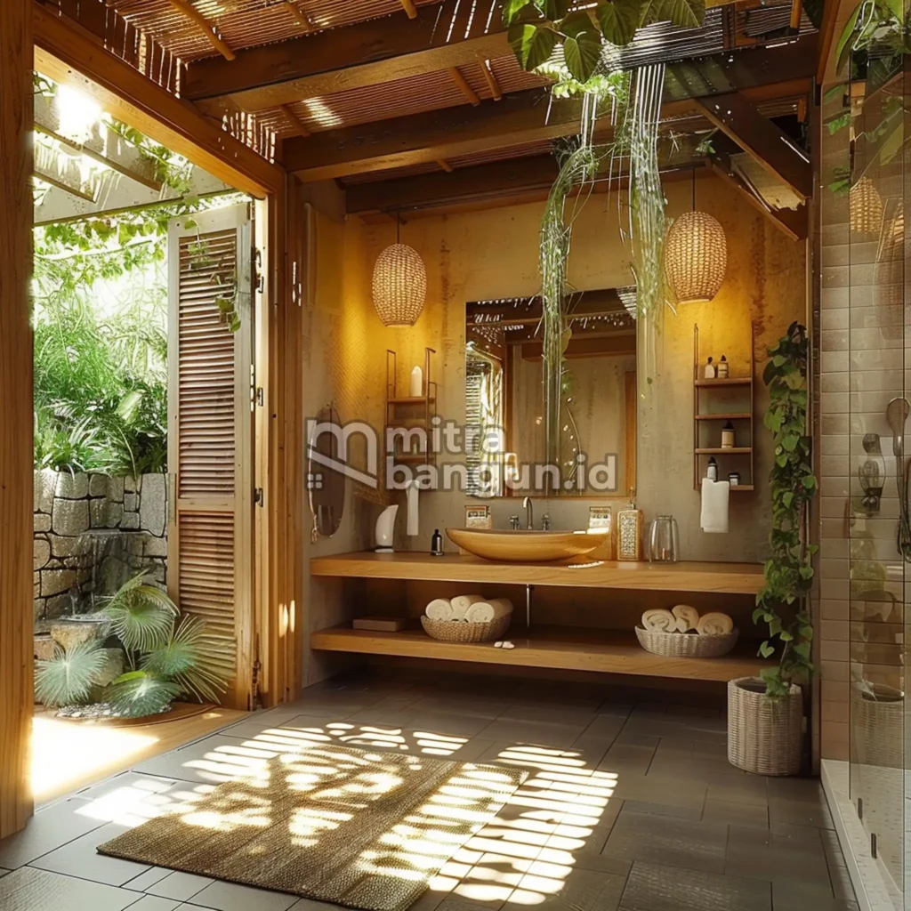 kamar mandi outdoor dengan konsep kayu