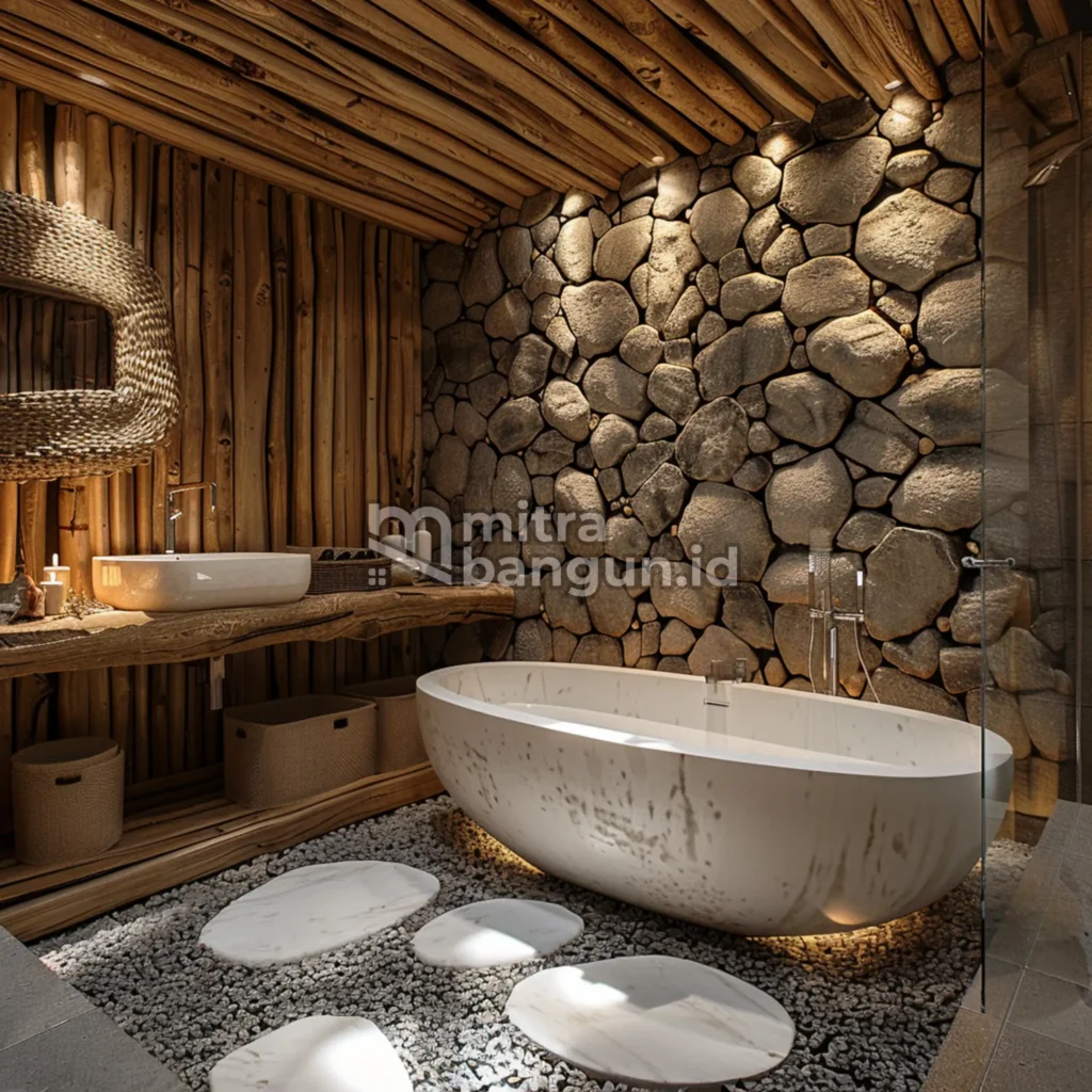 kamar mandi outdoor dengan material yang alami