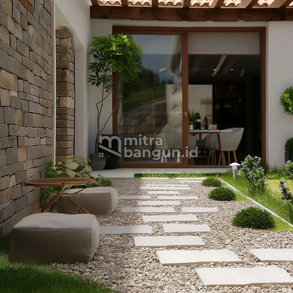Keramik halaman rumah dengan dinding batu alam