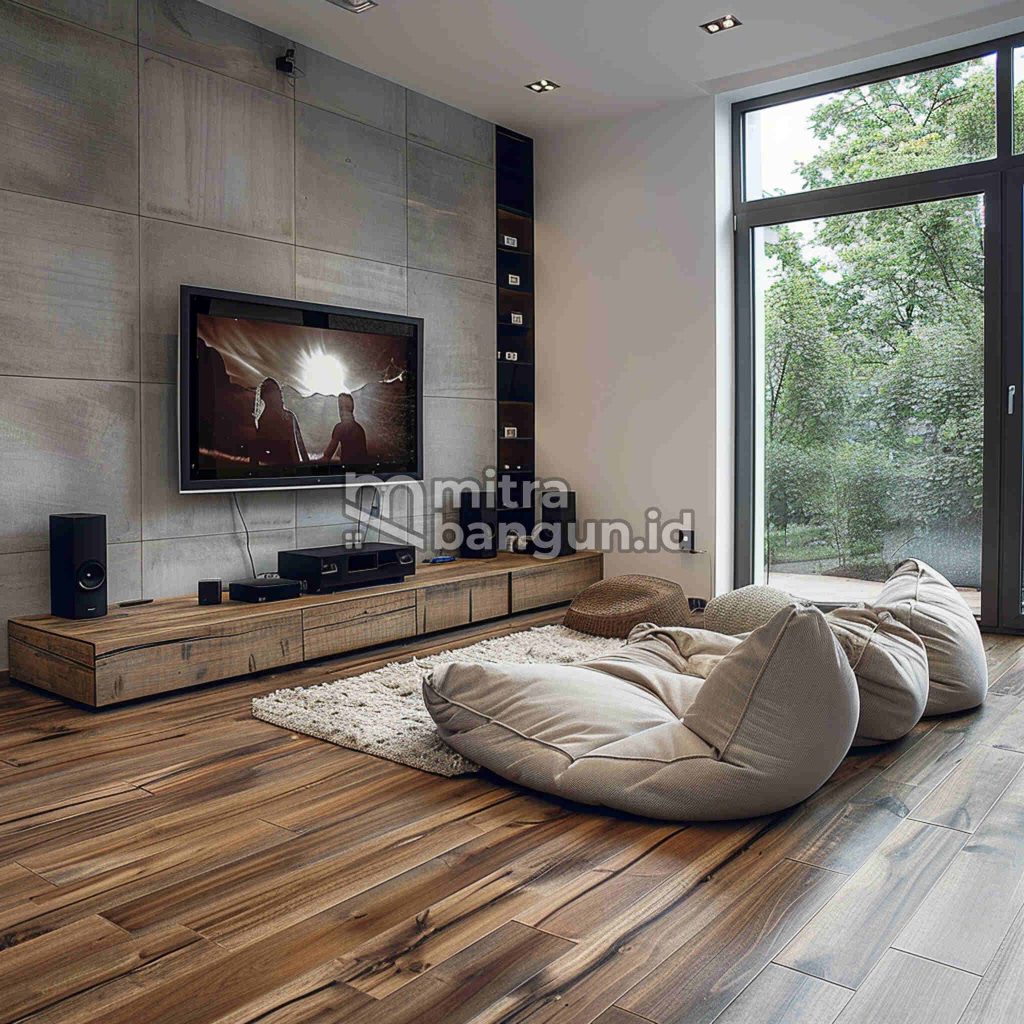 dekorasi ruang tv minimalis dengan bean bag