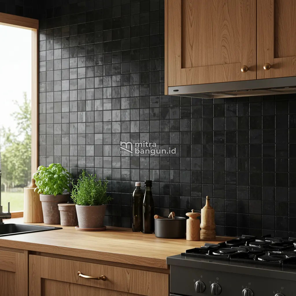 Keramik Dinding Dapur Motif Kotak Warna Hitam