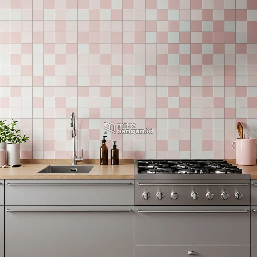 Keramik Dinding Dapur Motif Kotak Perpaduan Warna Putih dan Pink