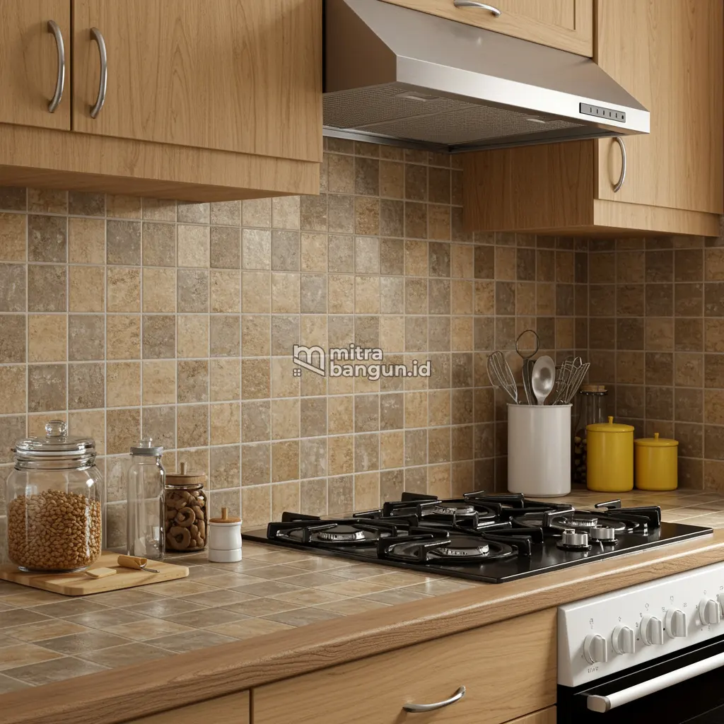 Keramik Dinding Dapur Motif Kotak Perpaduan Warna Cokelat Taupe dan Tan