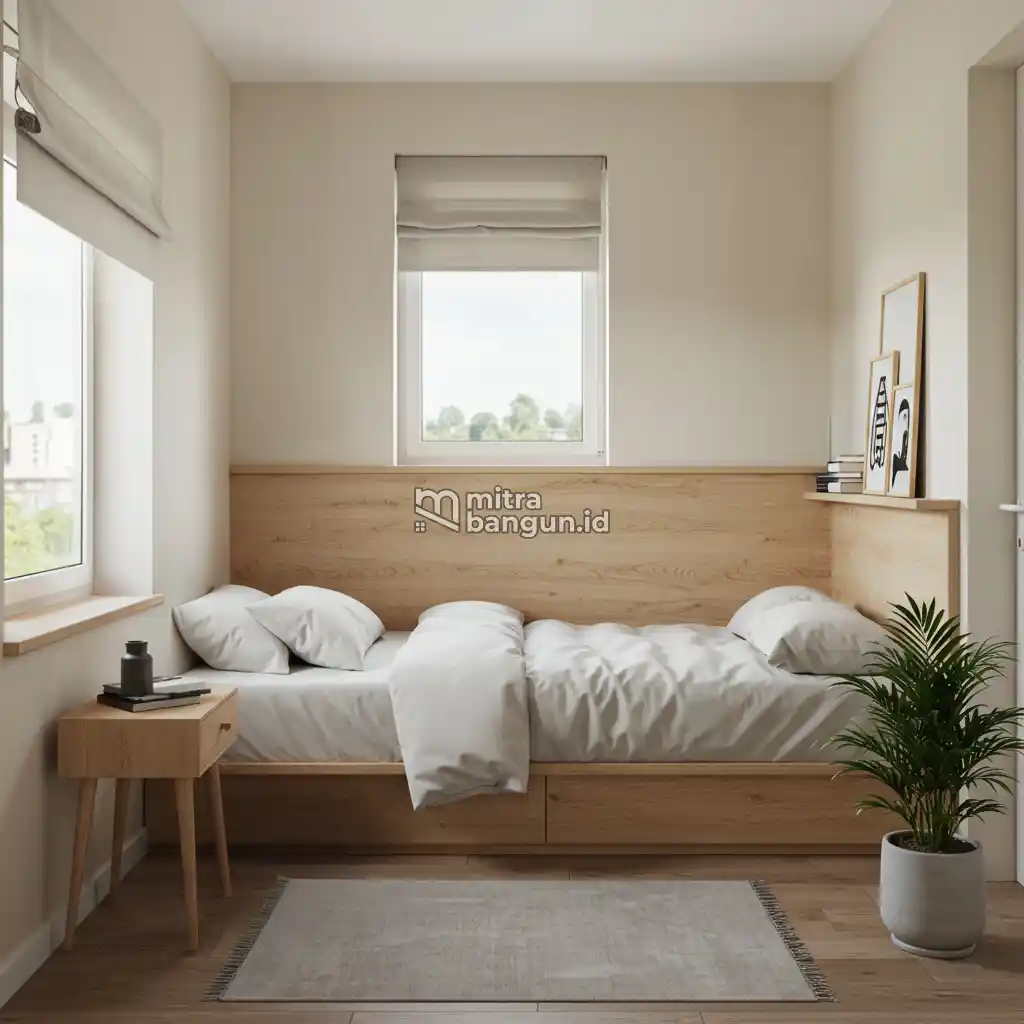 dekorasi kamar yang luas dengan kasur di dekat dinding