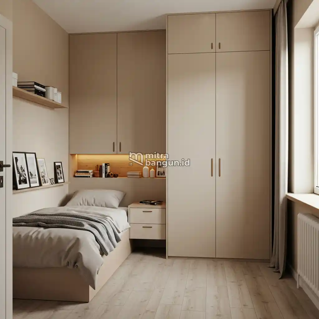 dekorasi kamar yang luas dengan lemari built in