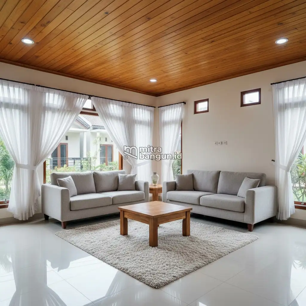 Desain Interior Plafon Ruang Tamu dengan Kayu