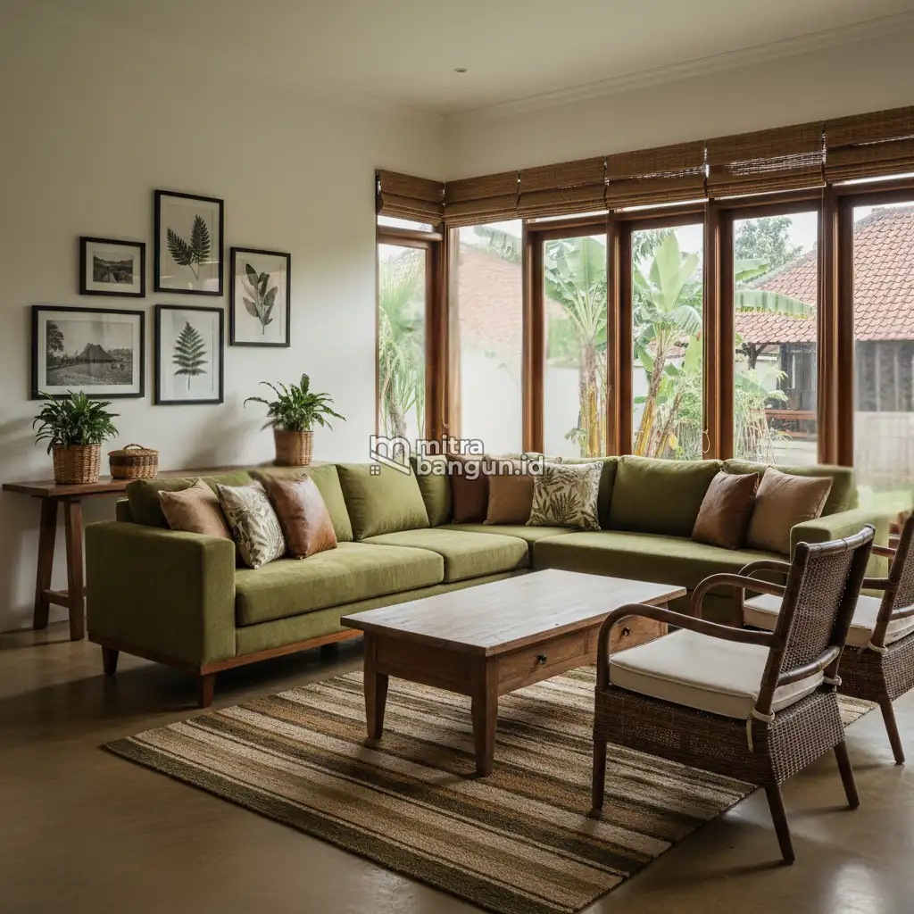 Desain Interior Ruang Tamu Cokelat dan Hijau Alami
