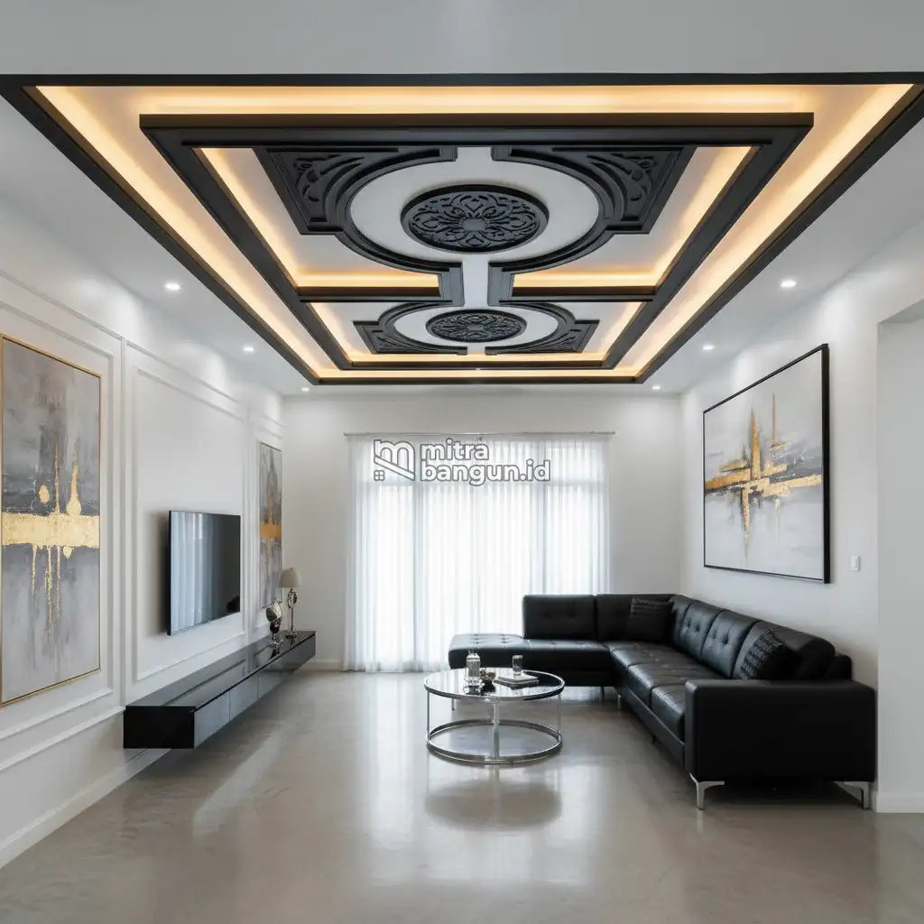 Interior Plafon Ruang Tamu Elegan Hitam