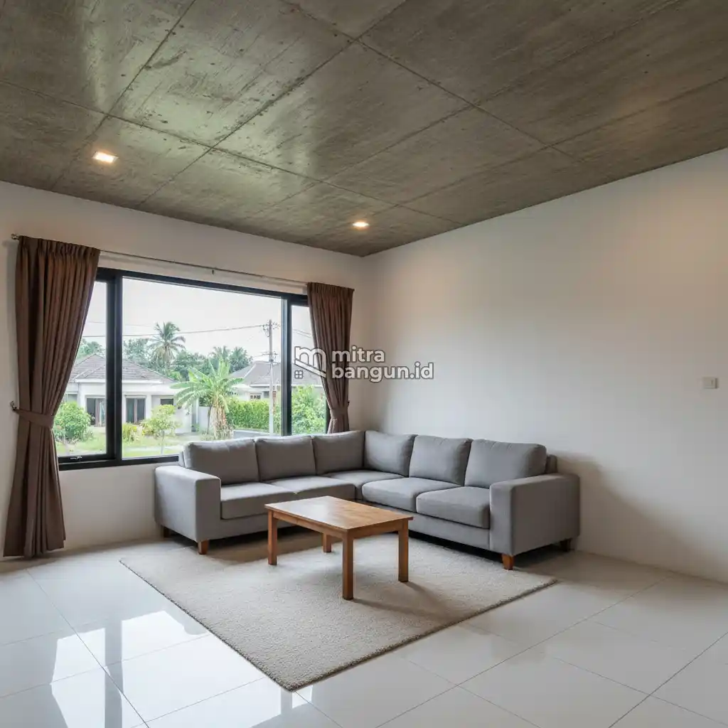 Interior Plafon Ruang Tamu dengan Beton Ekspos