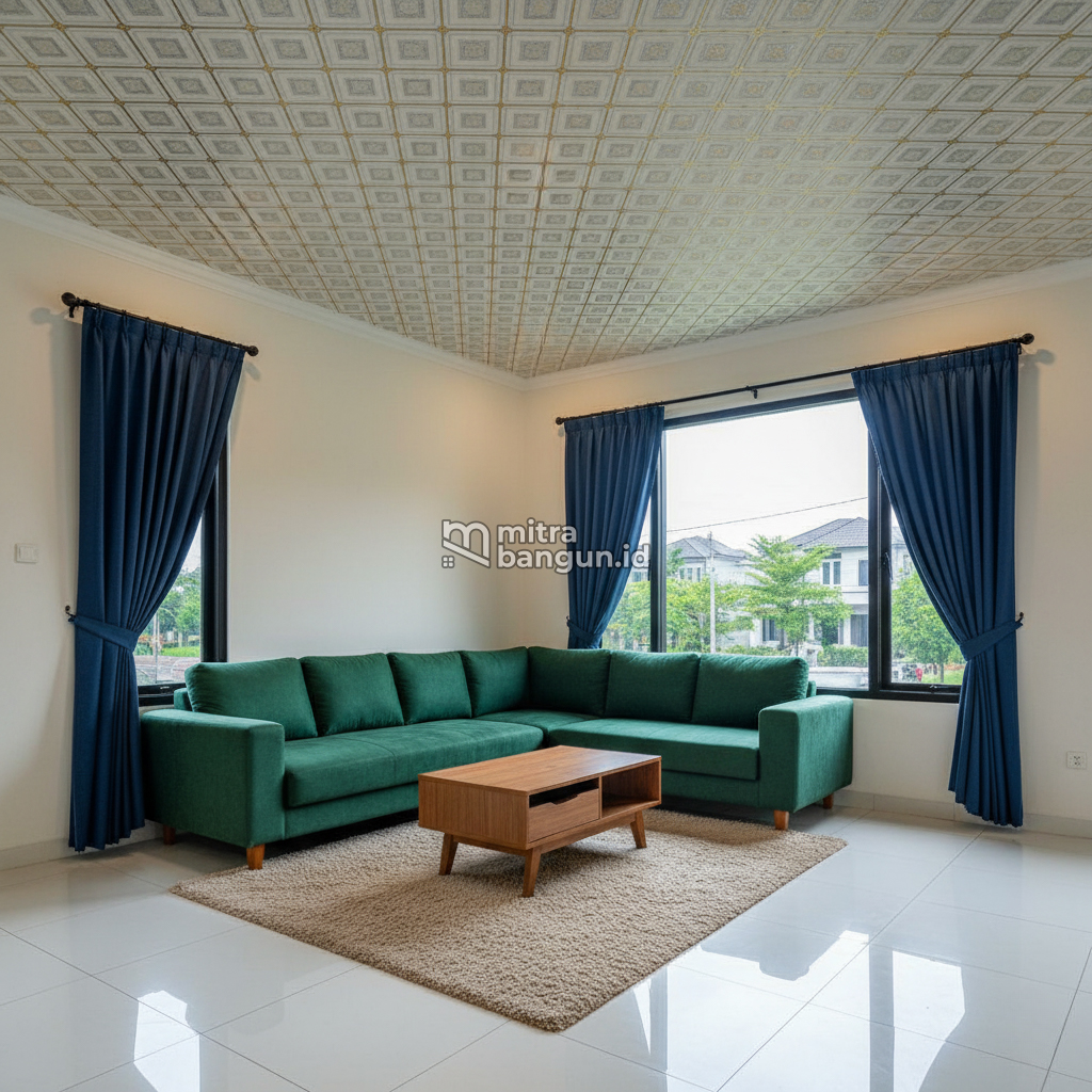 Interior Plafon Ruang Tamu dengan Wallpaper