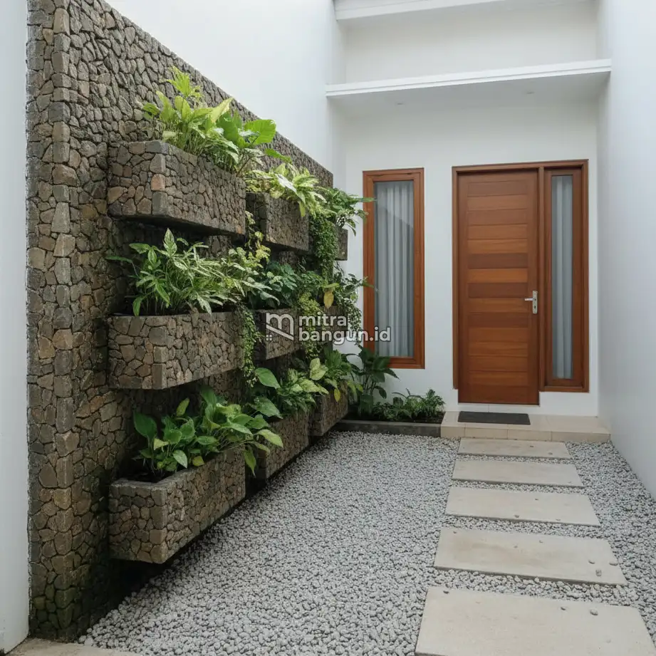 Desain Taman Depan Rumah Minimalis dengan Pot Batu Alam di Lahan Sempit