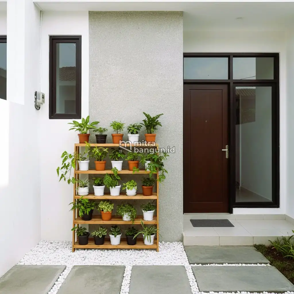 Desain Taman Depan Rumah Minimalis dengan Rak Tanaman di Lahan Sempit