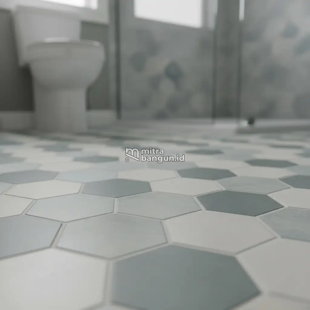 keramik lantai motif heksagonal di kamar mandi