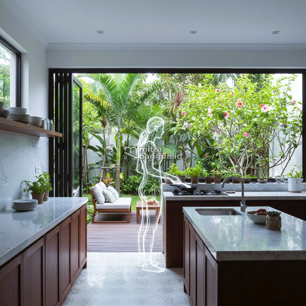 Inspirasi Dapur Indoor dengan Taman Belakang
