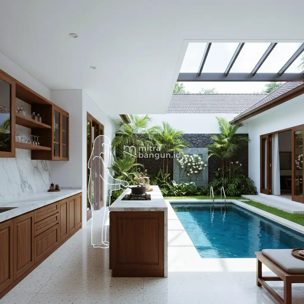 Perpaduan Dapur, Taman, dan Kolam Renang di Belakang Rumah