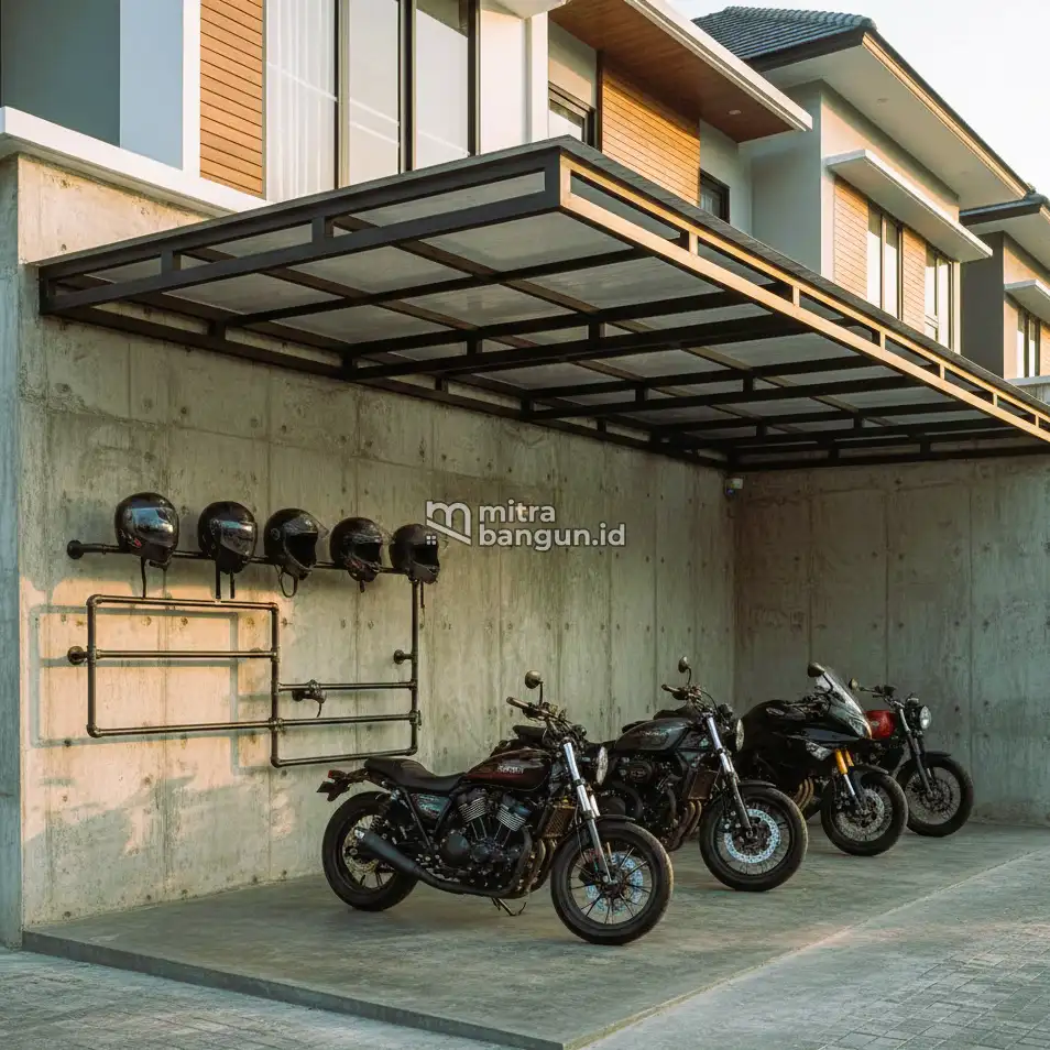 parkiran motor Gaya Industrial dengan Besi Hollow dan Semen Ekspos