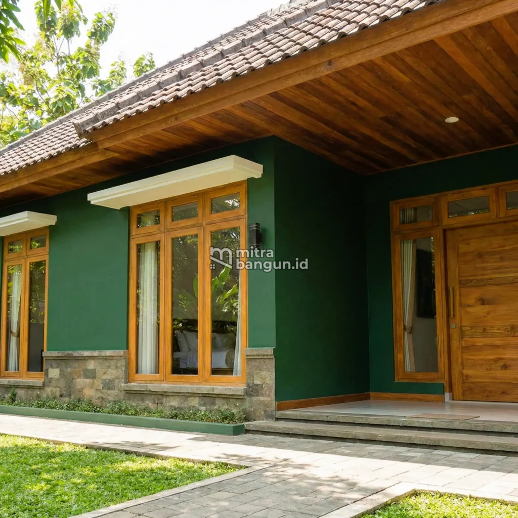 cat rumah hijau tua Forest Green dan Aksen Kayu Alami