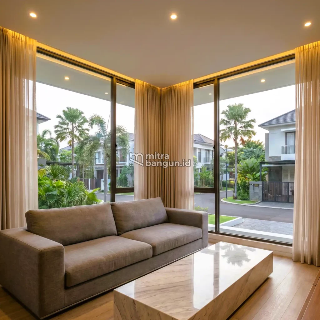 ruang tamu mewah minimalis dengan satu sofa