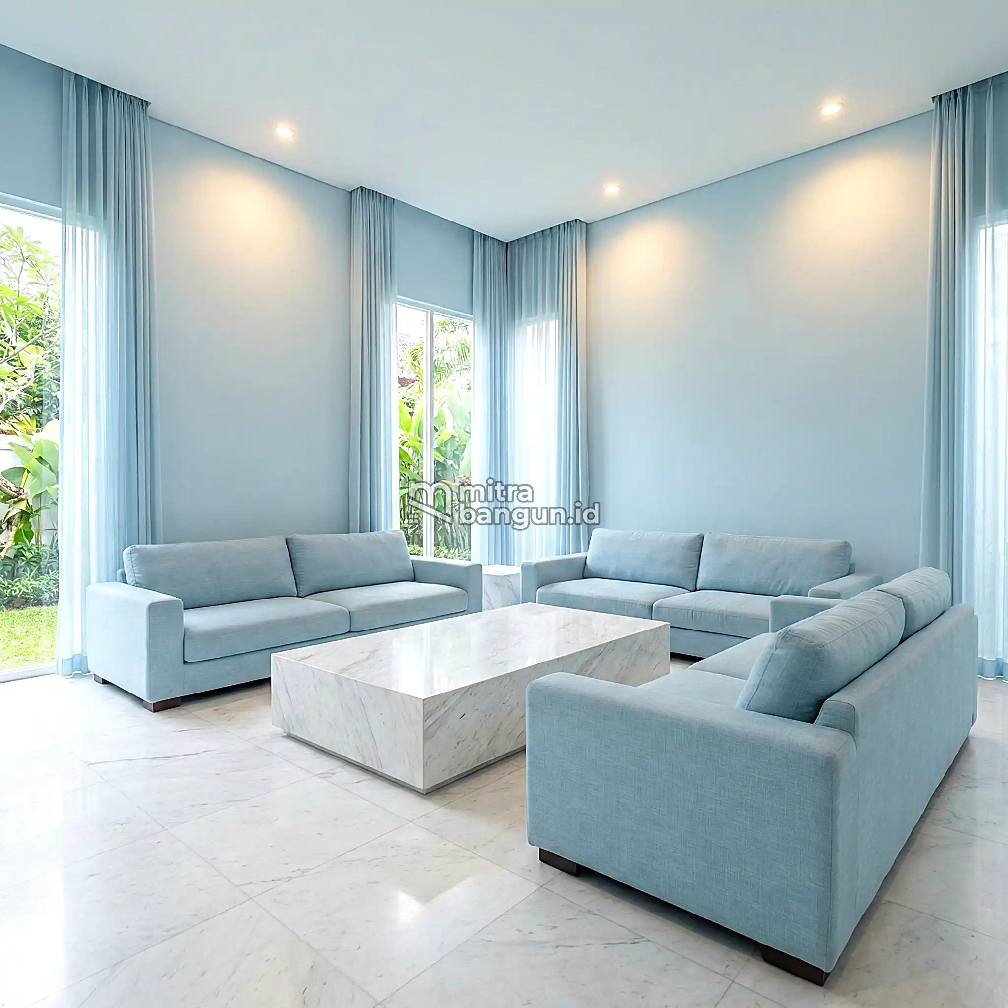 ruang tamu minimalis biru pastel