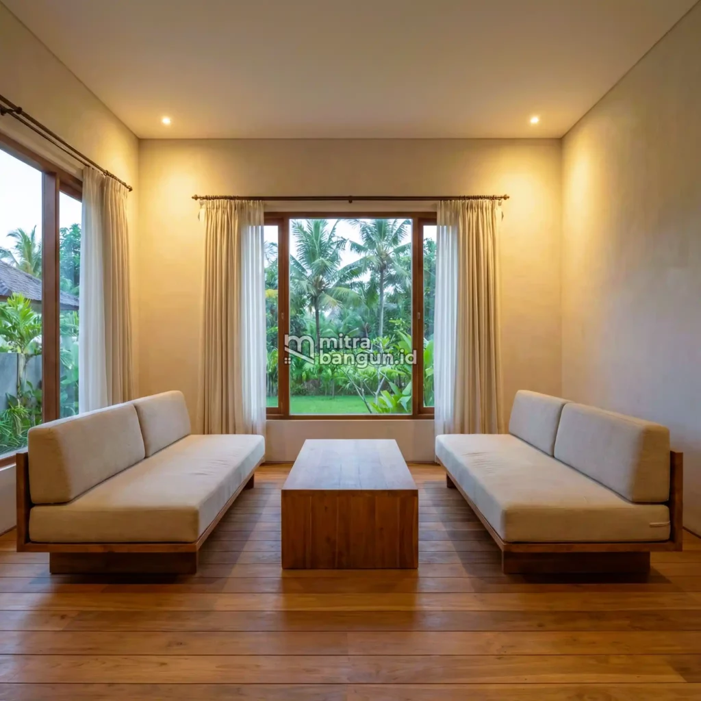 ruang tamu minimalis warna tanah dan kayu