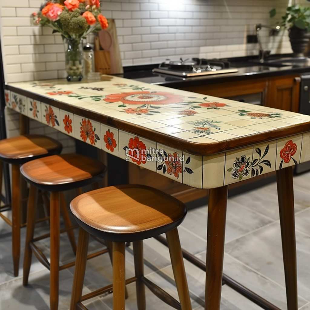 meja bar dapur keramik motif vintage